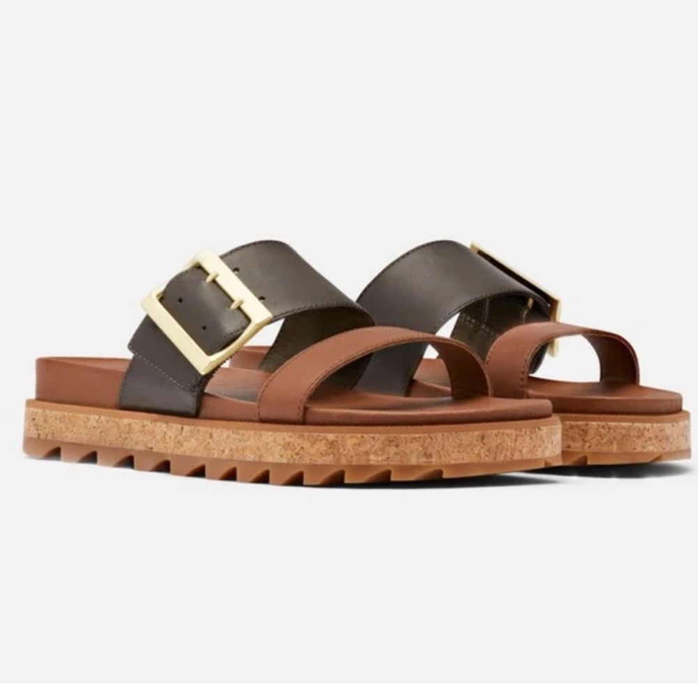Sorel Roaring Slide Slip on‎ Leather Sandals Black and Brown Size 7.5